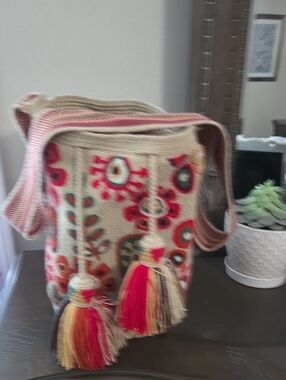 Embroidered Tassel Shoulder Bag in Multi Color. Handmade